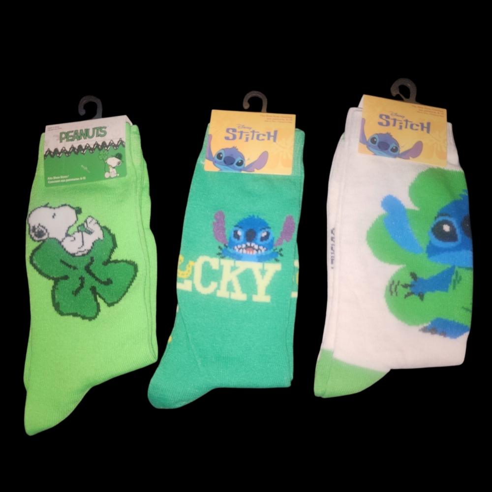 2 Disney Stitch Socks And 1 Snoopy Peanuts Socks For St. Patrick's Day Size 6-12